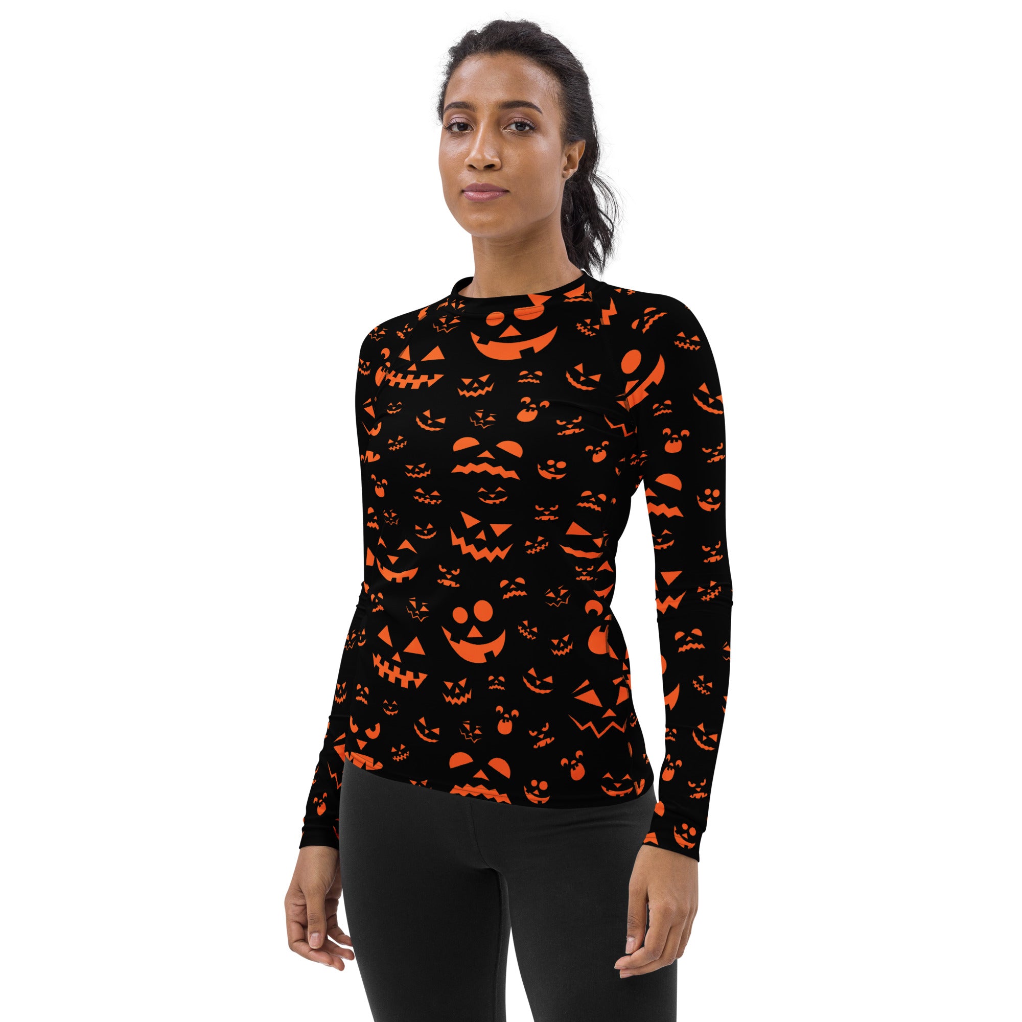 Women's Orange Jack O’ Lantern Long Sleeve Rash Guard Swim Shirt – Buttery Soft, Sun Safe UPF 50+ Protection, Quick Dry & 4-Way Stretch Comfort