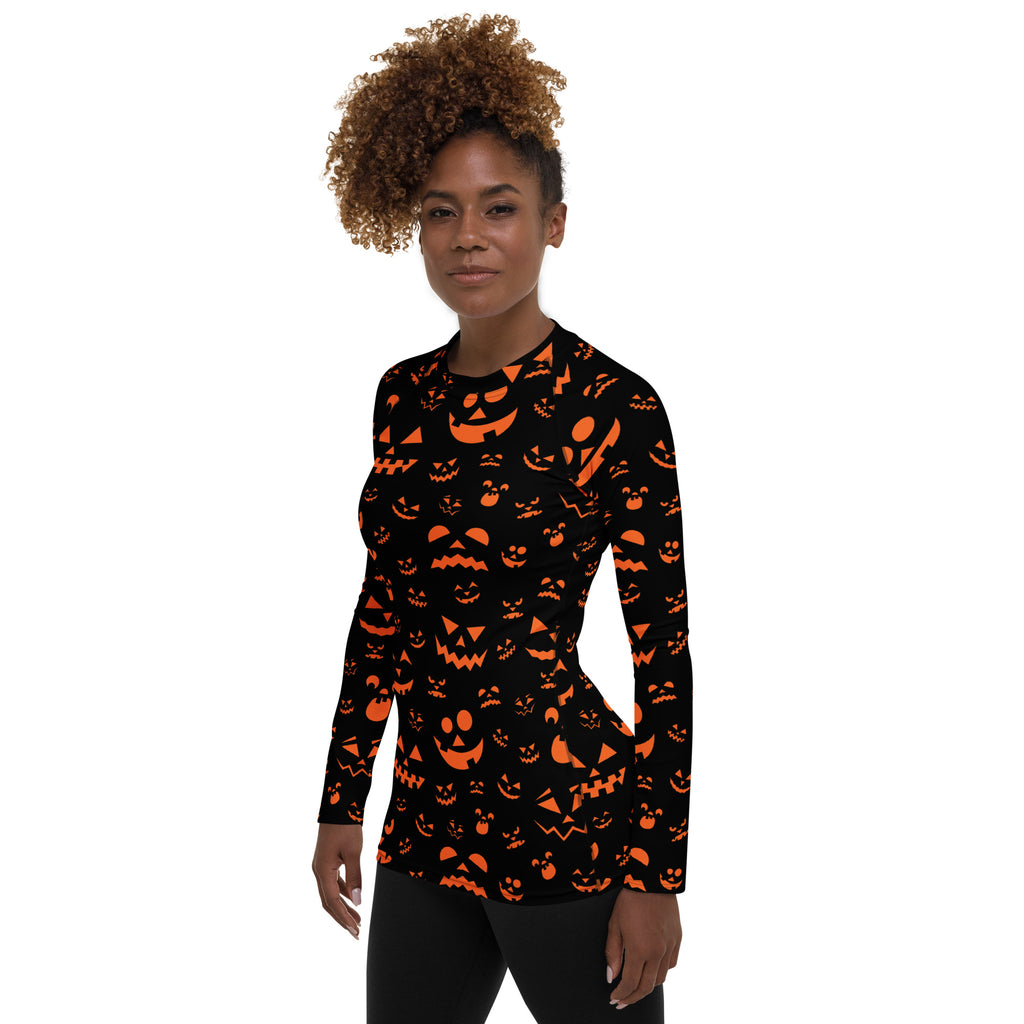 Women's Orange Jack O’ Lantern Long Sleeve Rash Guard Swim Shirt – Buttery Soft, Sun Safe UPF 50+ Protection, Quick Dry & 4-Way Stretch Comfort
