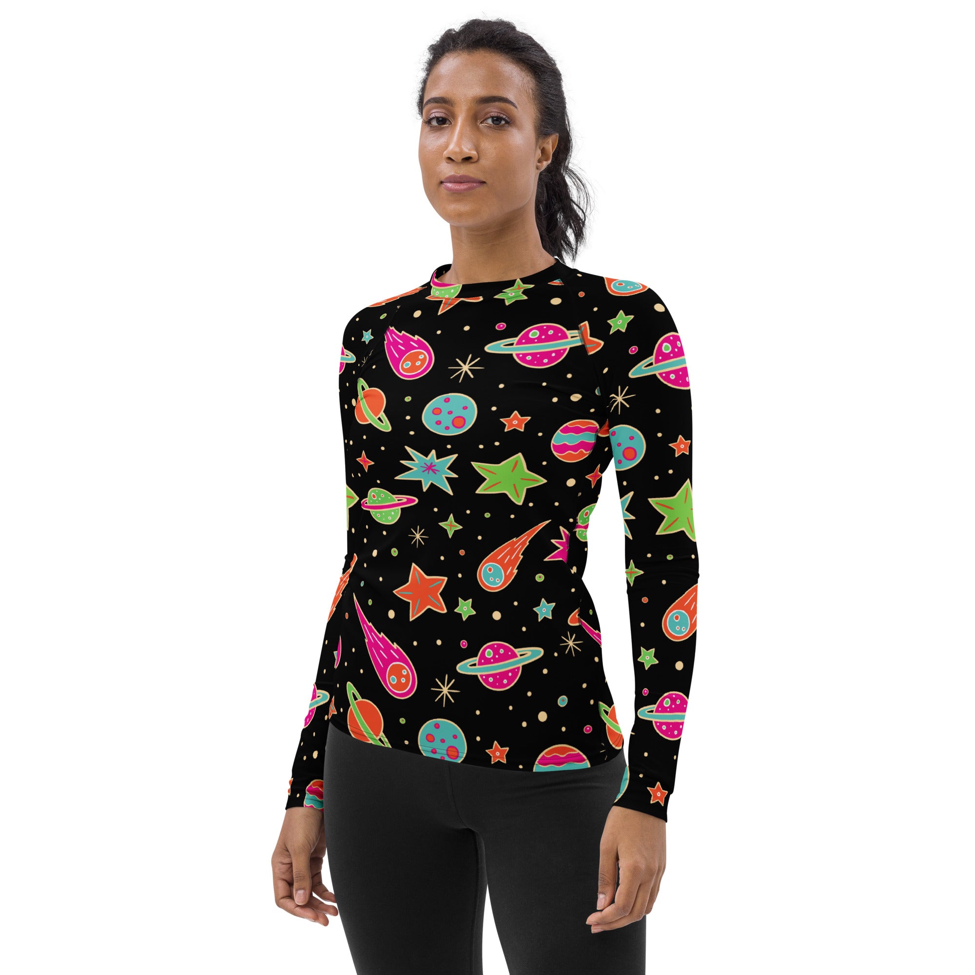 Women's Retro Neon Space Long Sleeve Rash Guard Swim Shirt – Buttery Soft, Sun Safe UPF 50+ Protection, Quick Dry & 4-Way Stretch Comfort