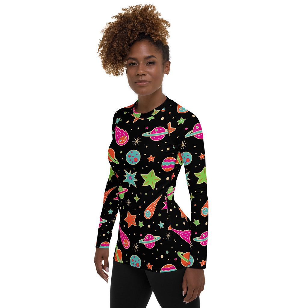 Women's Retro Neon Space Long Sleeve Rash Guard Swim Shirt – Buttery Soft, Sun Safe UPF 50+ Protection, Quick Dry & 4-Way Stretch Comfort