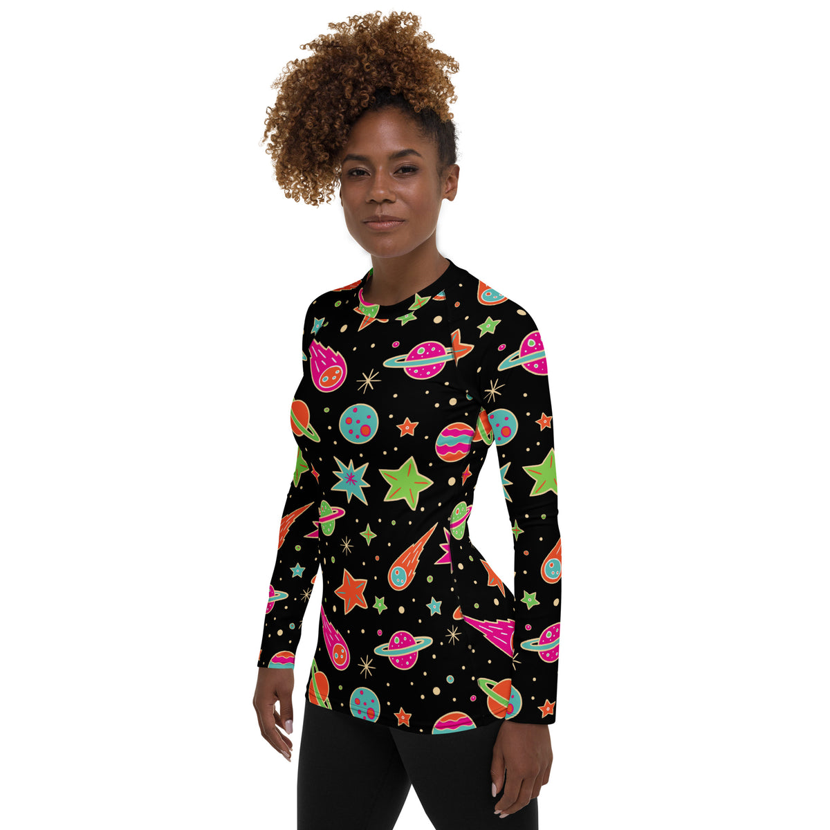 Women's Retro Neon Space Long Sleeve Rash Guard Swim Shirt – Buttery Soft, Sun Safe UPF 50+ Protection, Quick Dry & 4-Way Stretch Comfort