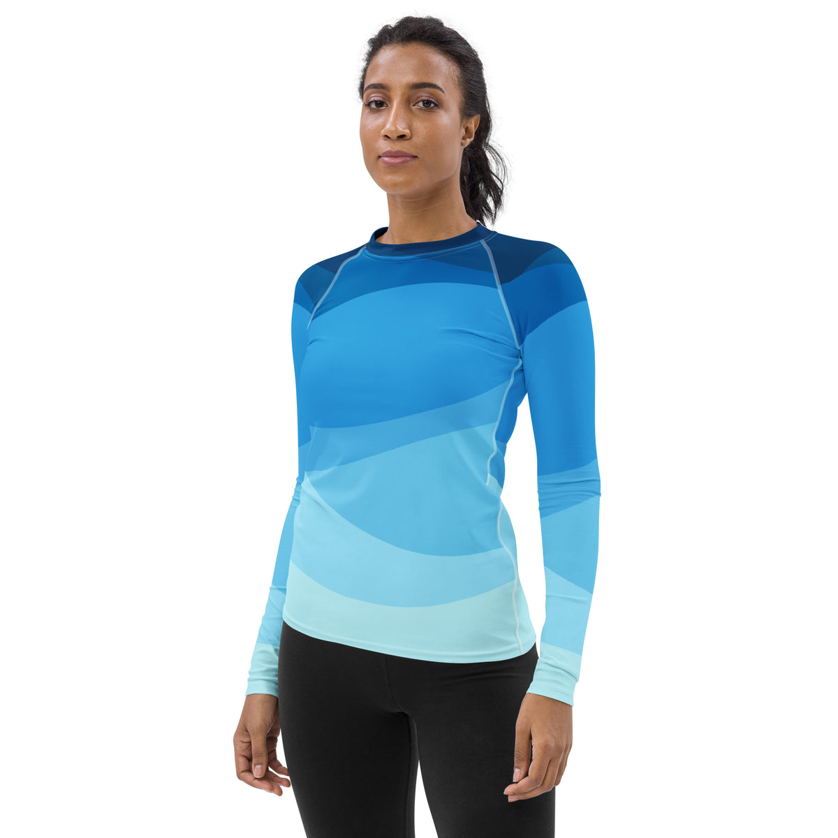 Women's Blue Ocean Waves Long Sleeve Rash Guard Swim Shirt – Buttery Soft, Sun Safe UPF 50+ Protection, Quick Dry & 4-Way Stretch Comfort