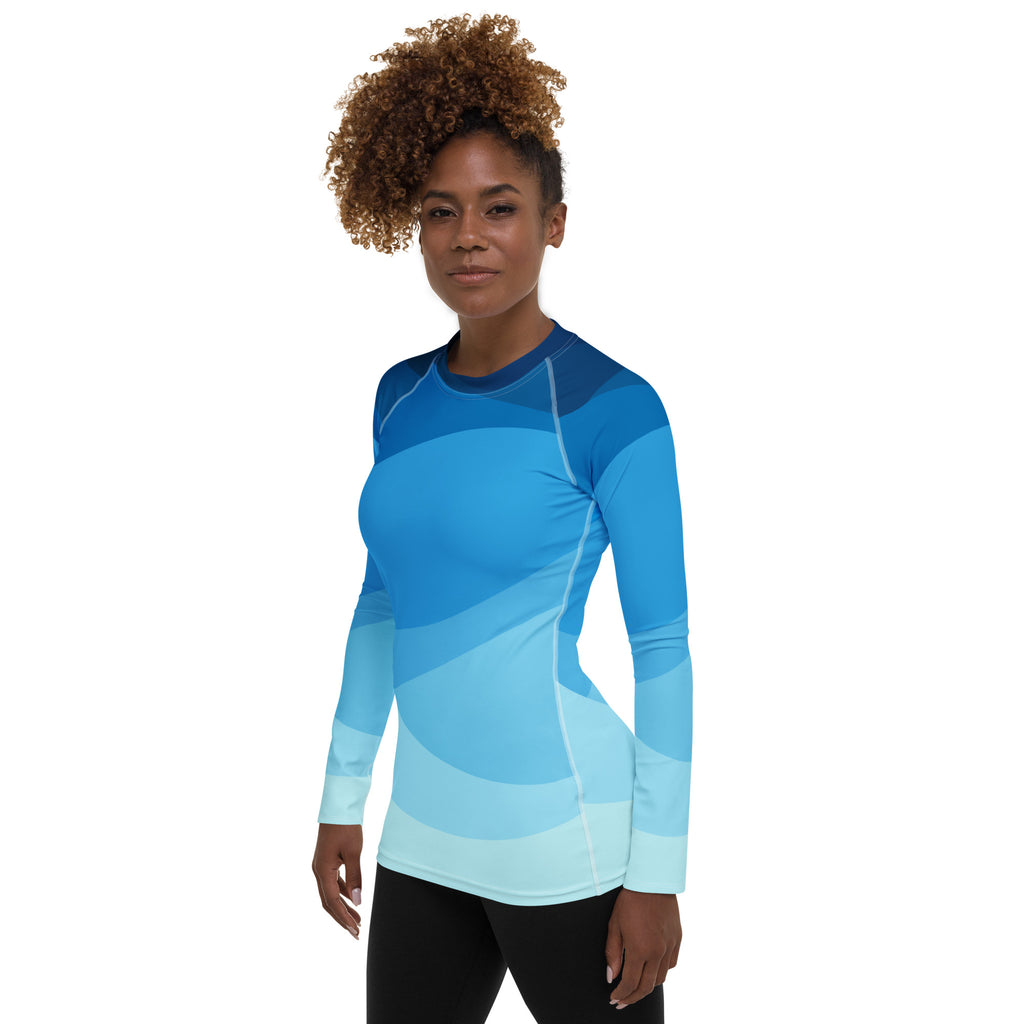 Women's Blue Ocean Waves Long Sleeve Rash Guard Swim Shirt – Buttery Soft, Sun Safe UPF 50+ Protection, Quick Dry & 4-Way Stretch Comfort