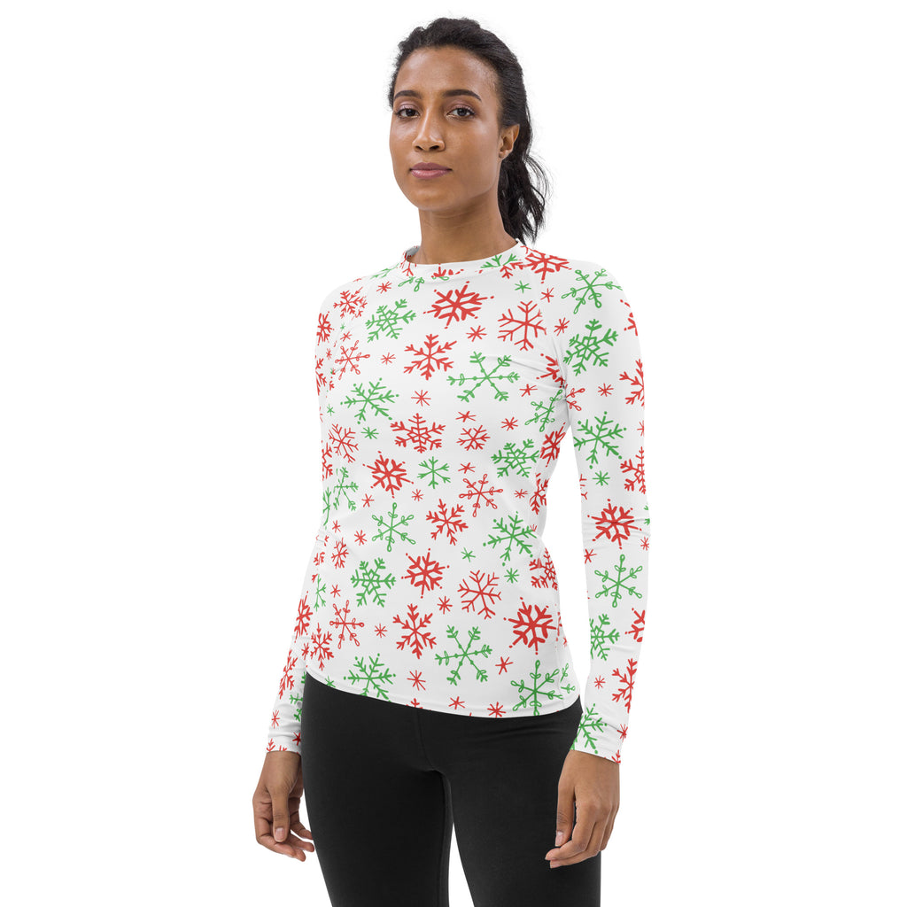 Women's Red & Green Snowflakes Long Sleeve Rash Guard Swim Shirt – Buttery Soft, Sun Safe UPF 50+ Protection, Quick Dry & 4-Way Stretch Comfort