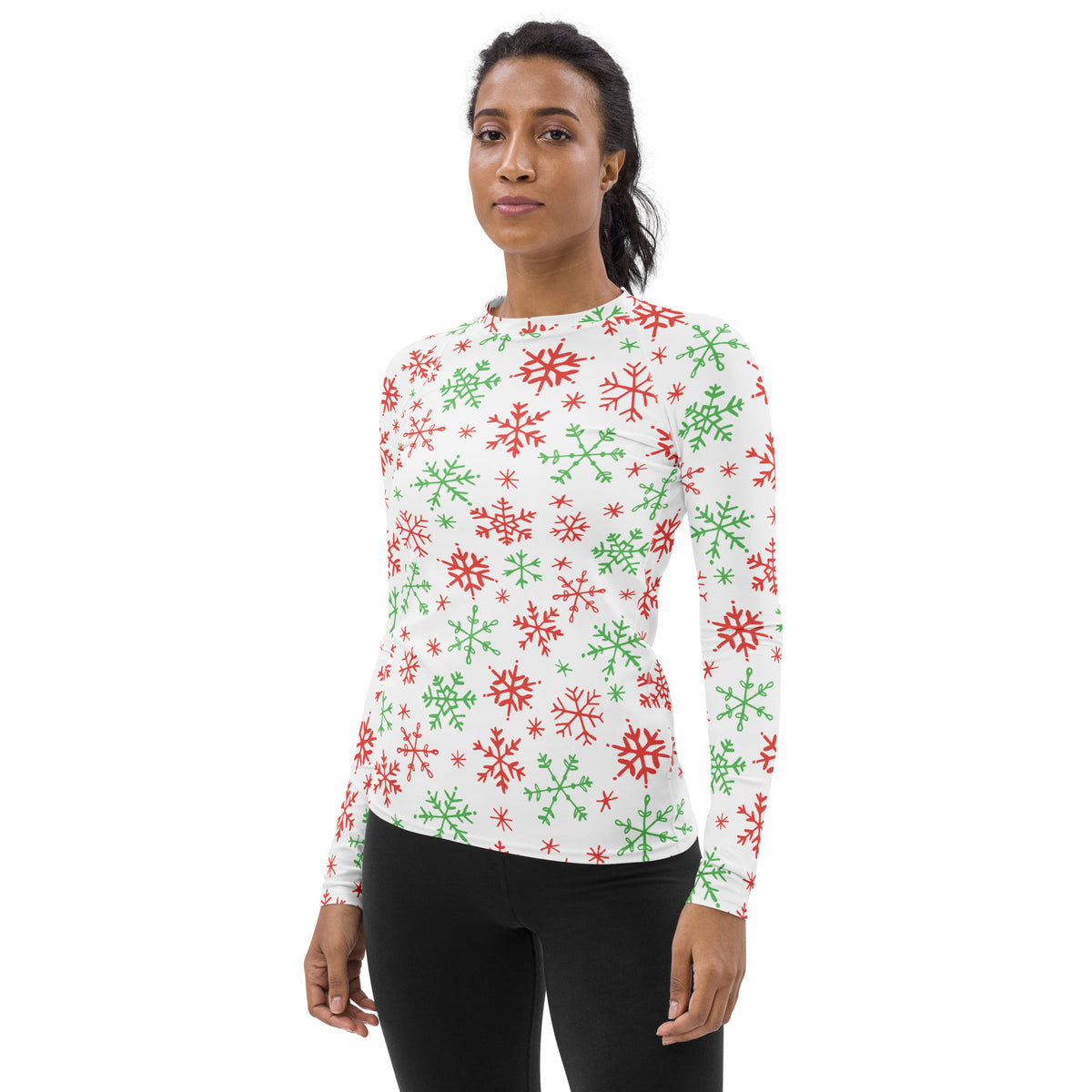 Women's Red & Green Snowflakes Long Sleeve Rash Guard Swim Shirt – Buttery Soft, Sun Safe UPF 50+ Protection, Quick Dry & 4-Way Stretch Comfort