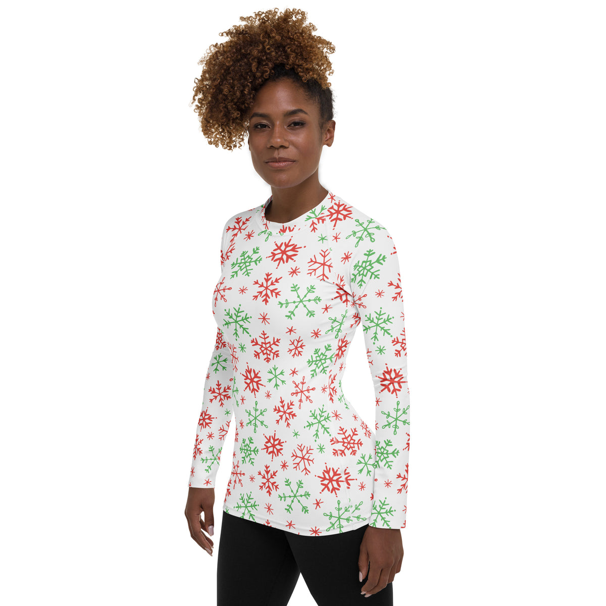 Women's Red & Green Snowflakes Long Sleeve Rash Guard Swim Shirt – Buttery Soft, Sun Safe UPF 50+ Protection, Quick Dry & 4-Way Stretch Comfort