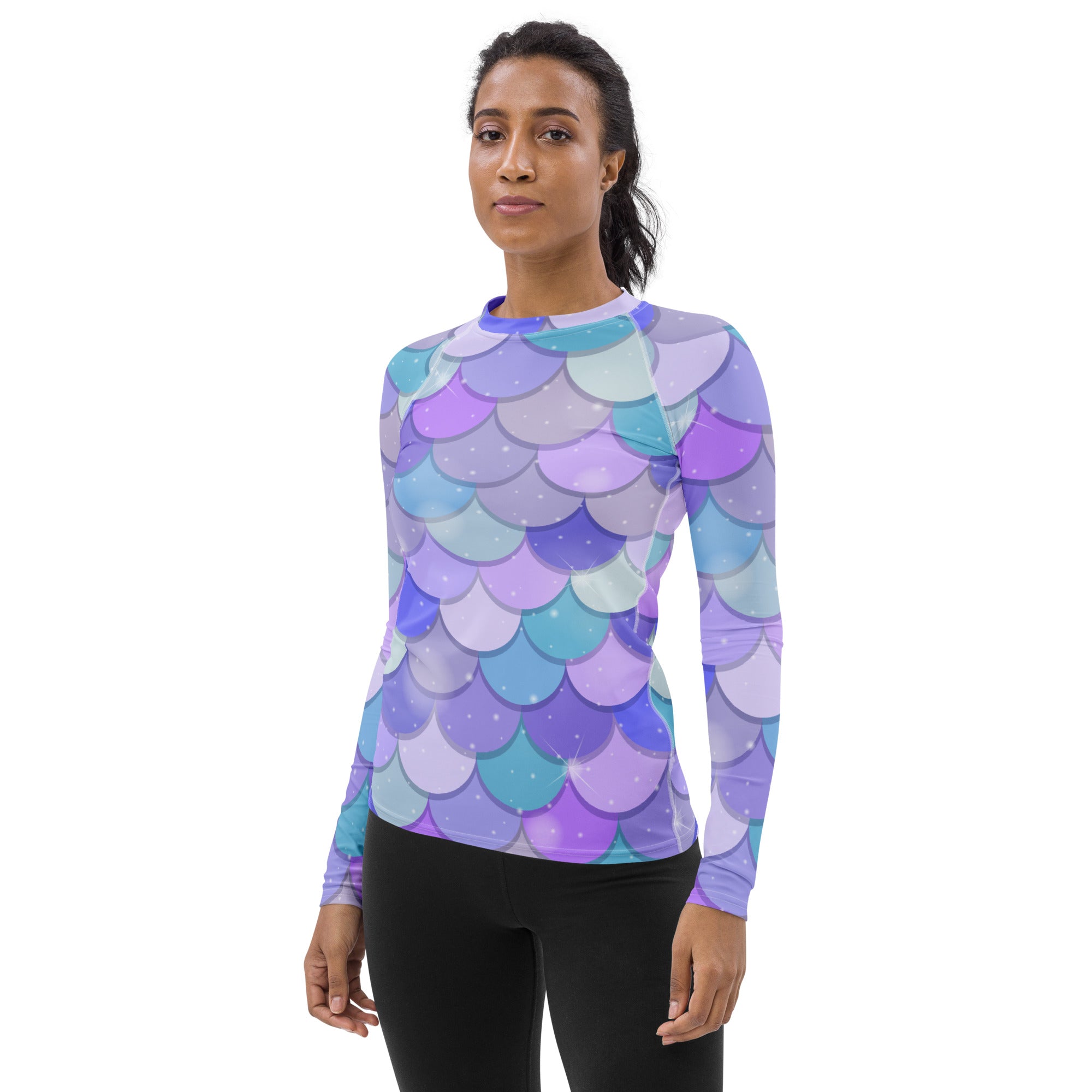 Women's Pastel Mermaid Scales Long Sleeve Rash Guard Swim Shirt – Buttery Soft, Sun Safe UPF 50+ Protection, Quick Dry & 4-Way Stretch Comfort