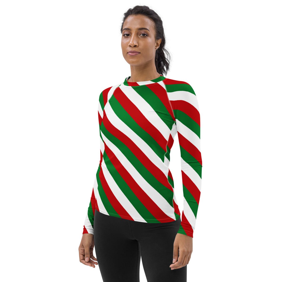 Women's Christmas Candy Cane Stripe Long Sleeve Rash Guard Swim Shirt – Buttery Soft, Sun Safe UPF 50+ Protection, Quick Dry & 4-Way Stretch Comfort
