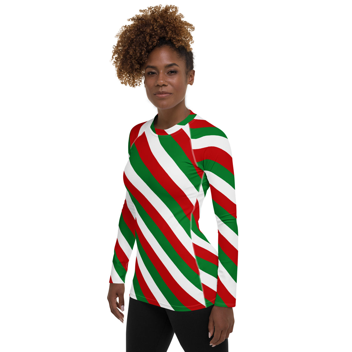 Women's Christmas Candy Cane Stripe Long Sleeve Rash Guard Swim Shirt – Buttery Soft, Sun Safe UPF 50+ Protection, Quick Dry & 4-Way Stretch Comfort