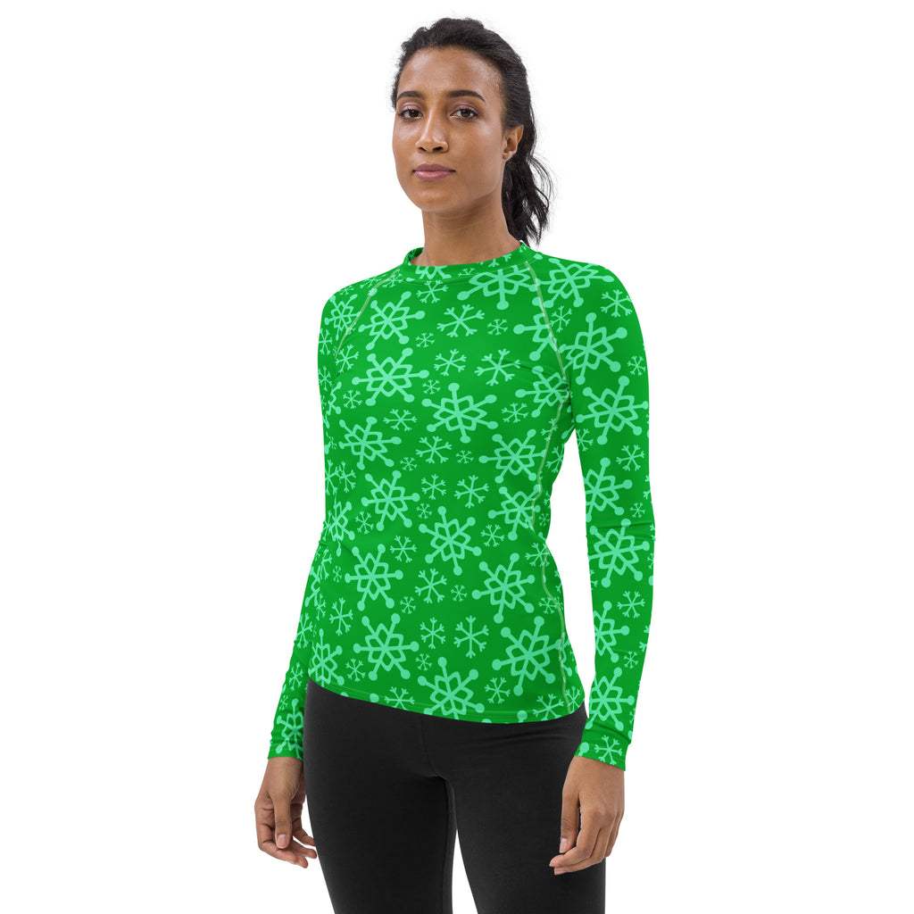 Women's Green Christmas Snowflake Long Sleeve Rash Guard Swim Shirt – Buttery Soft, Sun Safe UPF 50+ Protection, Quick Dry & 4-Way Stretch Comfort