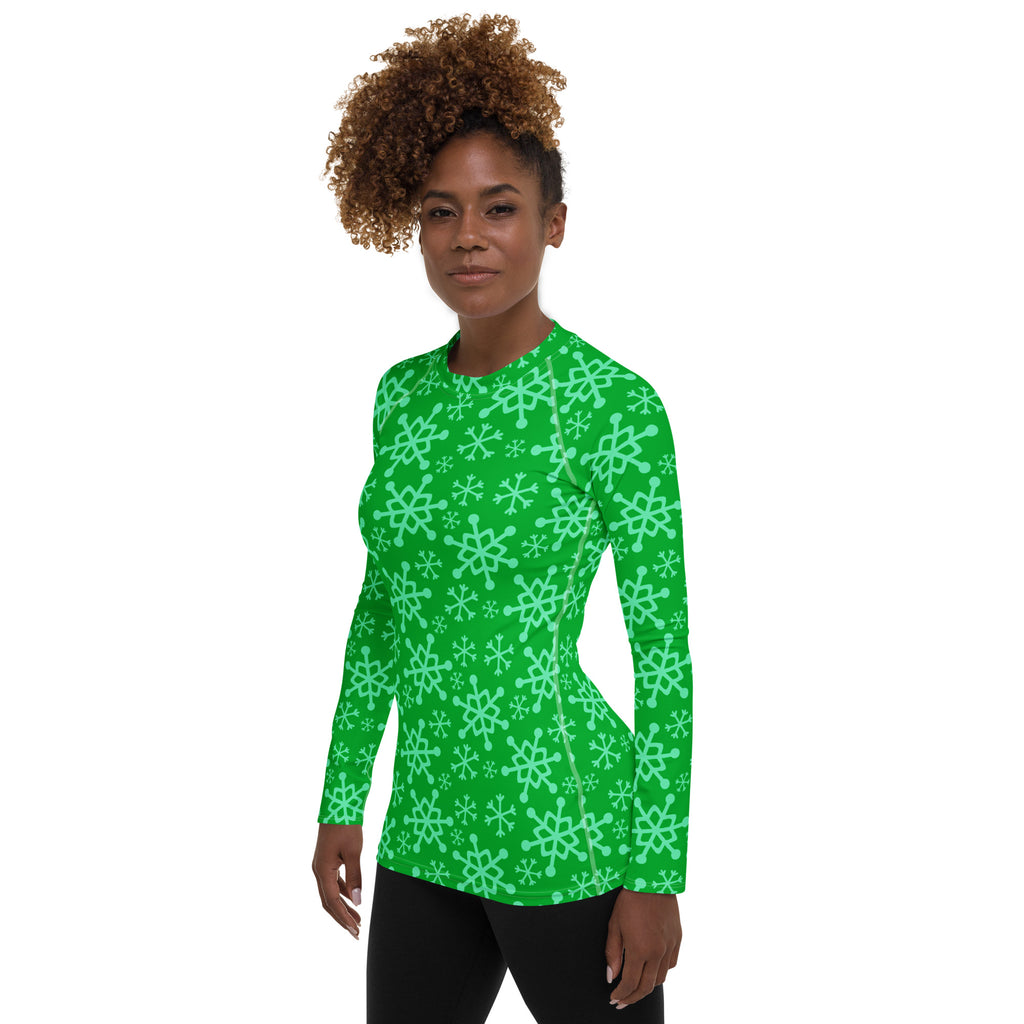 Women's Green Christmas Snowflake Long Sleeve Rash Guard Swim Shirt – Buttery Soft, Sun Safe UPF 50+ Protection, Quick Dry & 4-Way Stretch Comfort
