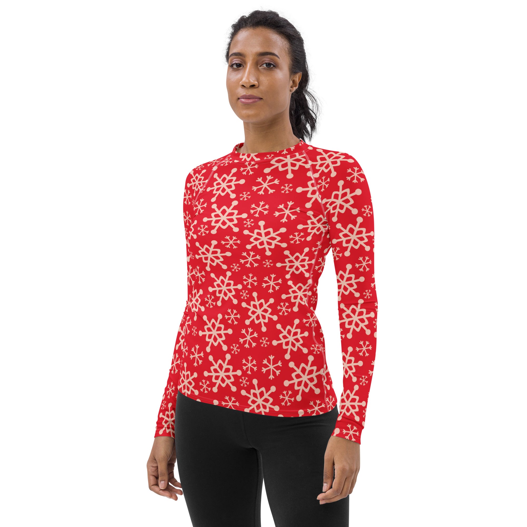 Women's Red Christmas Snowflake Long Sleeve Rash Guard Swim Shirt – Buttery Soft, Sun Safe UPF 50+ Protection, Quick Dry & 4-Way Stretch Comfort