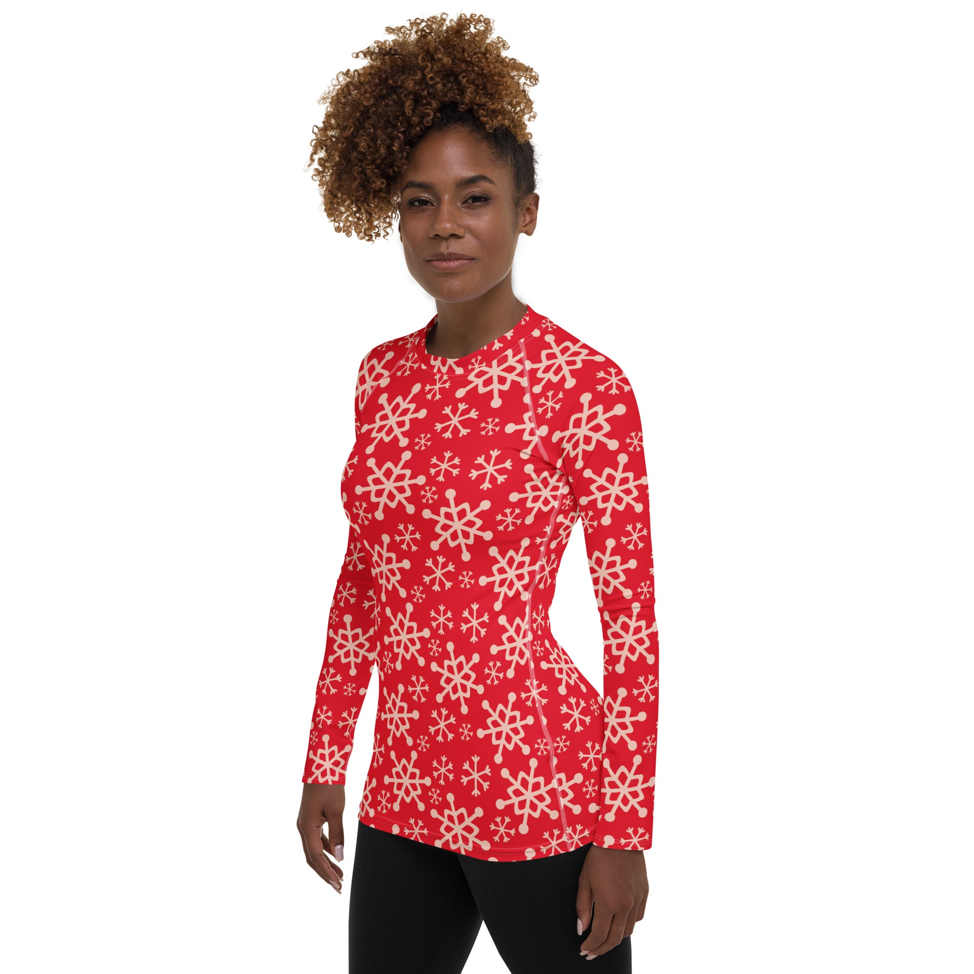 Women's Red Christmas Snowflake Long Sleeve Rash Guard Swim Shirt – Buttery Soft, Sun Safe UPF 50+ Protection, Quick Dry & 4-Way Stretch Comfort