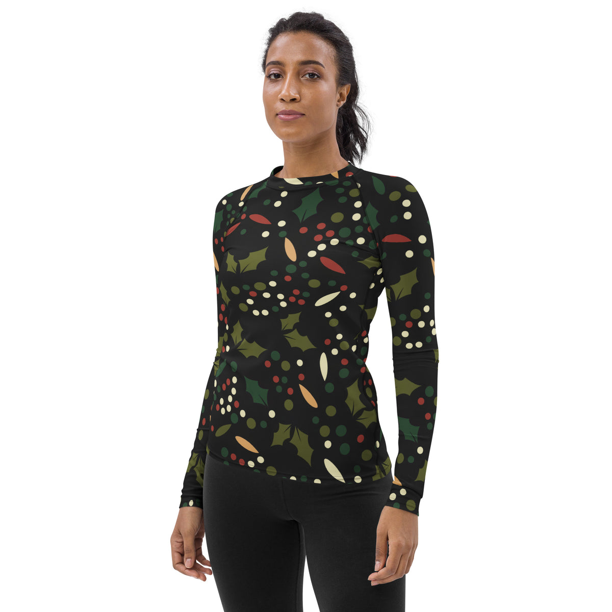 Women's Christmas Holly Berry Long Sleeve Rash Guard Swim Shirt – Buttery Soft, Sun Safe UPF 50+ Protection, Quick Dry & 4-Way Stretch Comfort