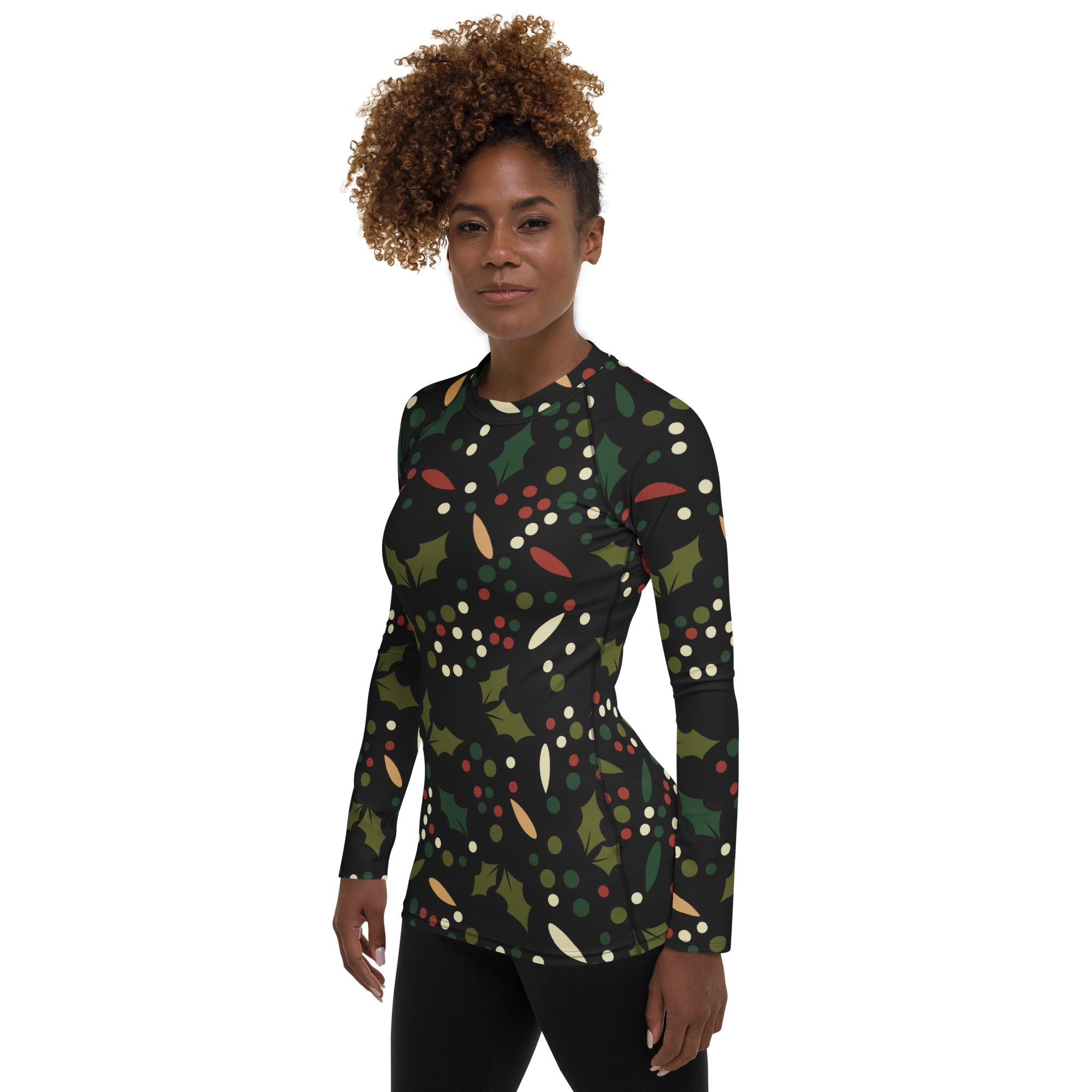 Women's Christmas Holly Berry Long Sleeve Rash Guard Swim Shirt – Buttery Soft, Sun Safe UPF 50+ Protection, Quick Dry & 4-Way Stretch Comfort