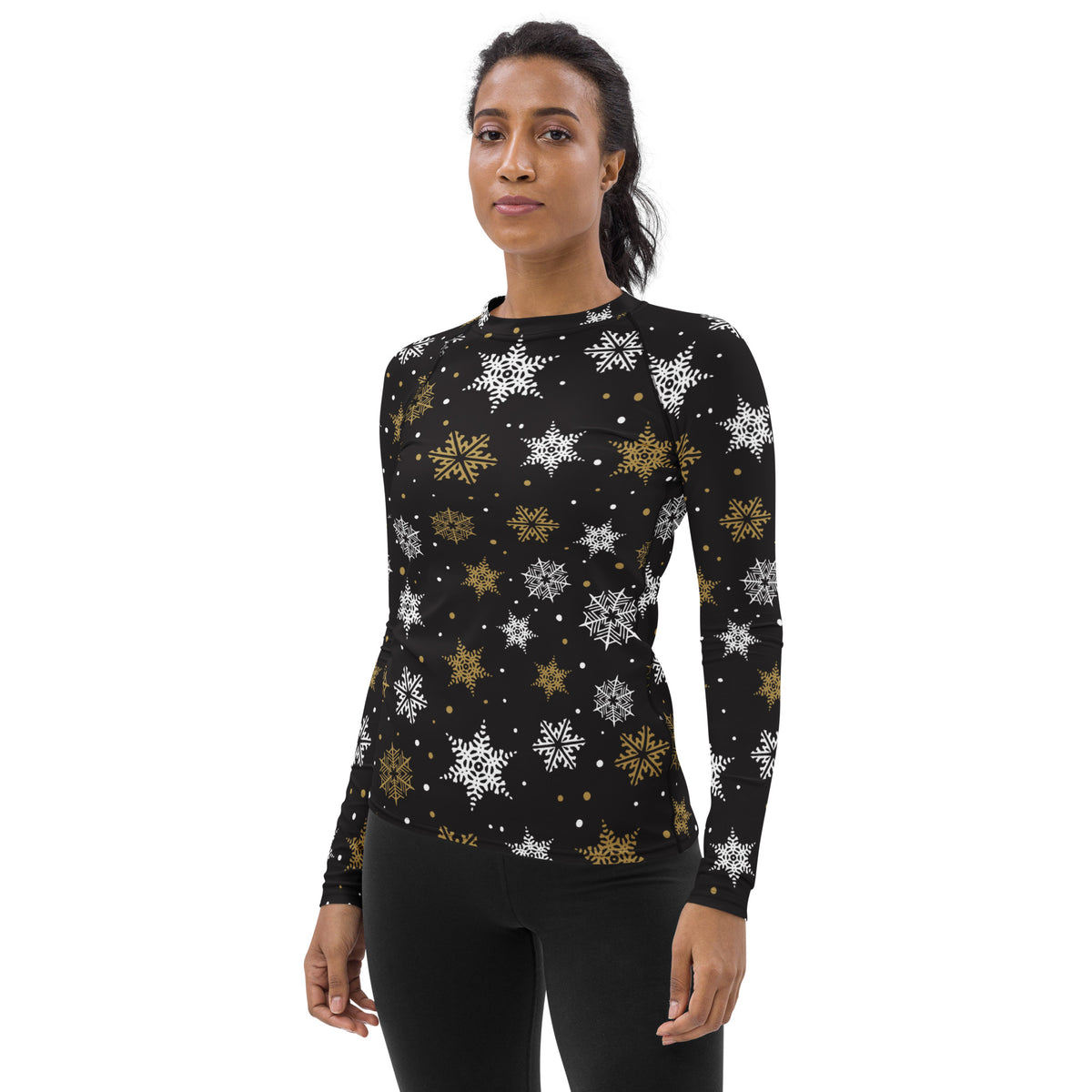 Women's Black & Gold Snowflake Long Sleeve Rash Guard Swim Shirt – Buttery Soft, Sun Safe UPF 50+ Protection, Quick Dry & 4-Way Stretch Comfort