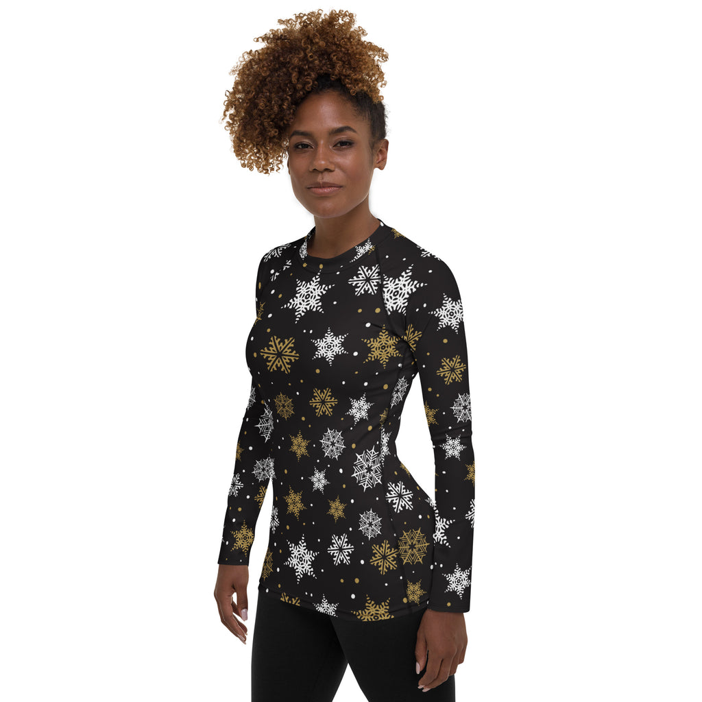 Women's Black & Gold Snowflake Long Sleeve Rash Guard Swim Shirt – Buttery Soft, Sun Safe UPF 50+ Protection, Quick Dry & 4-Way Stretch Comfort