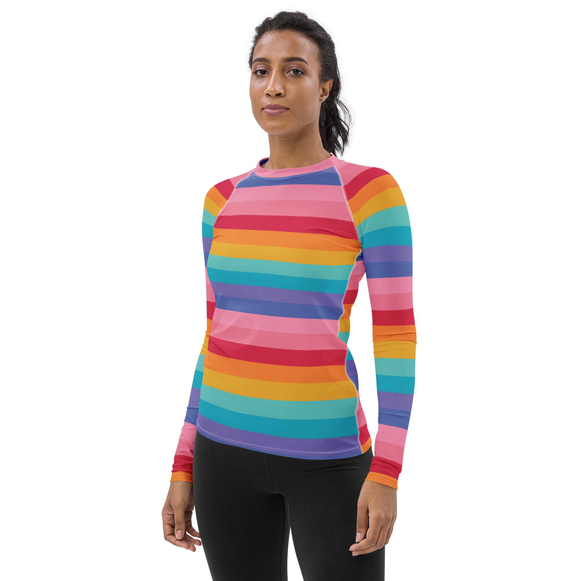 Women's Bright Striped Rainbow Long Sleeve Rash Guard Swim Shirt – Buttery Soft, Sun Safe UPF 50+ Protection, Quick Dry & 4-Way Stretch Comfort
