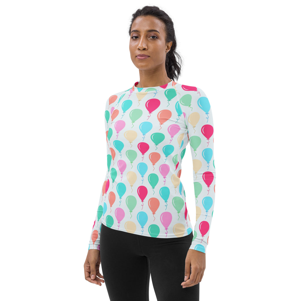 Women's Rainbow Birthday Balloons Long Sleeve Rash Guard Swim Shirt – Buttery Soft, Sun Safe UPF 50+ Protection, Quick Dry & 4-Way Stretch Comfort