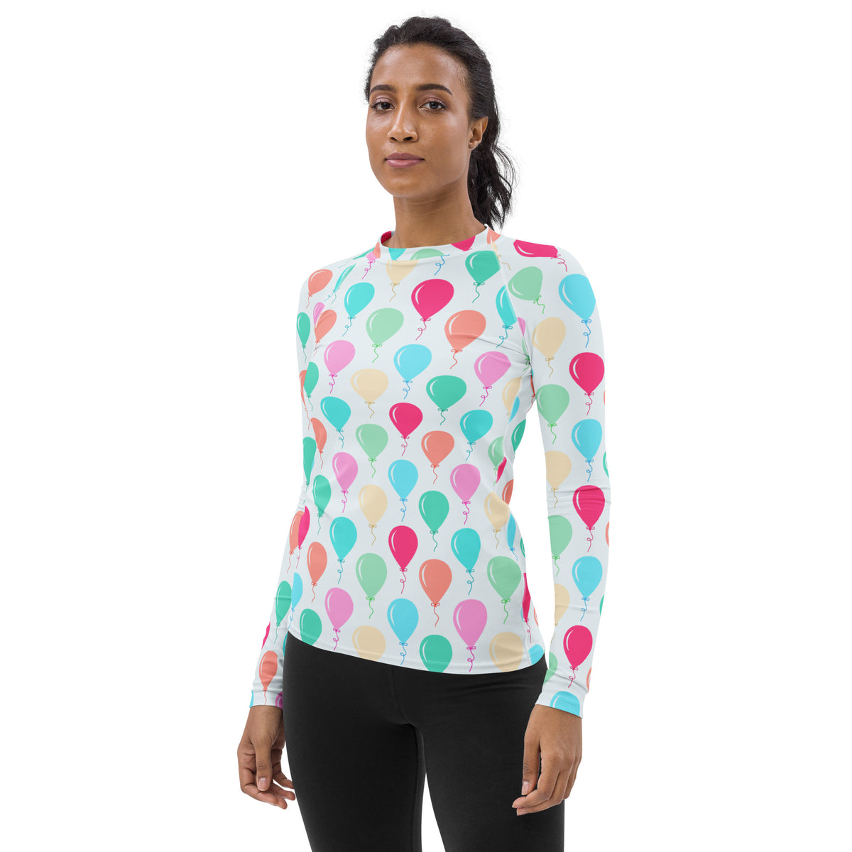 Women's Rainbow Birthday Balloons Long Sleeve Rash Guard Swim Shirt – Buttery Soft, Sun Safe UPF 50+ Protection, Quick Dry & 4-Way Stretch Comfort