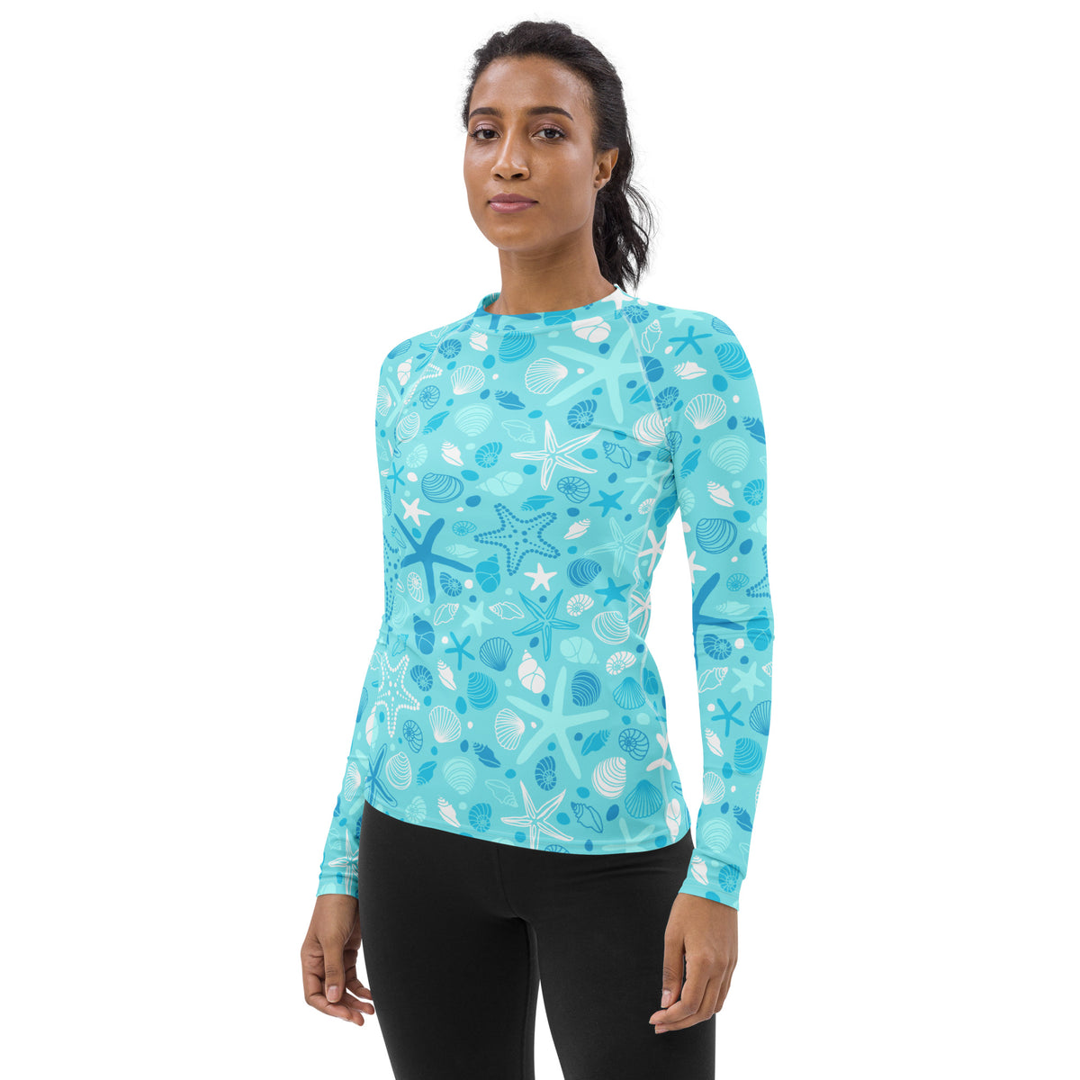 Women's Starfish & Shells Long Sleeve Rash Guard Swim Shirt – Buttery Soft, Sun Safe UPF 50+ Protection, Quick Dry & 4-Way Stretch Comfort