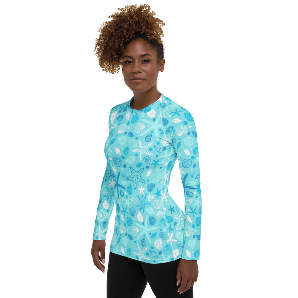 Women's Starfish & Shells Long Sleeve Rash Guard Swim Shirt – Buttery Soft, Sun Safe UPF 50+ Protection, Quick Dry & 4-Way Stretch Comfort
