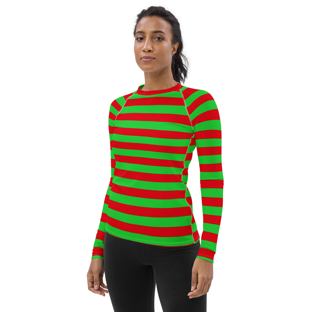 Women's Red & Green Striped Christmas Long Sleeve Rash Guard Swim Shirt – Buttery Soft, Sun Safe UPF 50+ Protection, Quick Dry & 4-Way Stretch Comfort