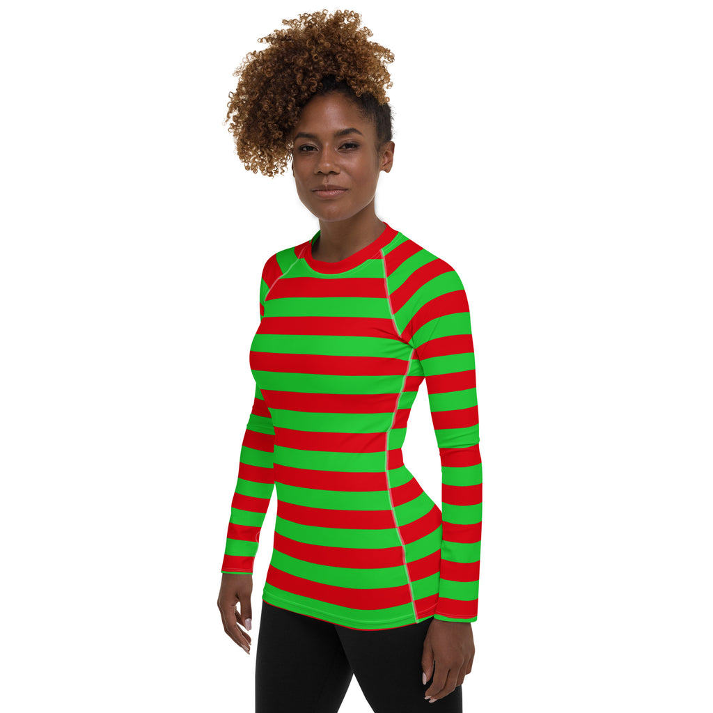 Women's Red & Green Striped Christmas Long Sleeve Rash Guard Swim Shirt – Buttery Soft, Sun Safe UPF 50+ Protection, Quick Dry & 4-Way Stretch Comfort