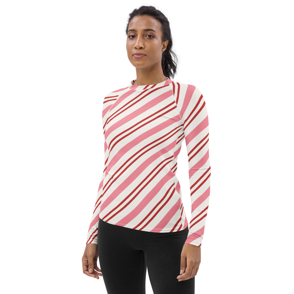 Women's Pink Candy Cane Stripe Long Sleeve Rash Guard Swim Shirt – Buttery Soft, Sun Safe UPF 50+ Protection, Quick Dry & 4-Way Stretch Comfort
