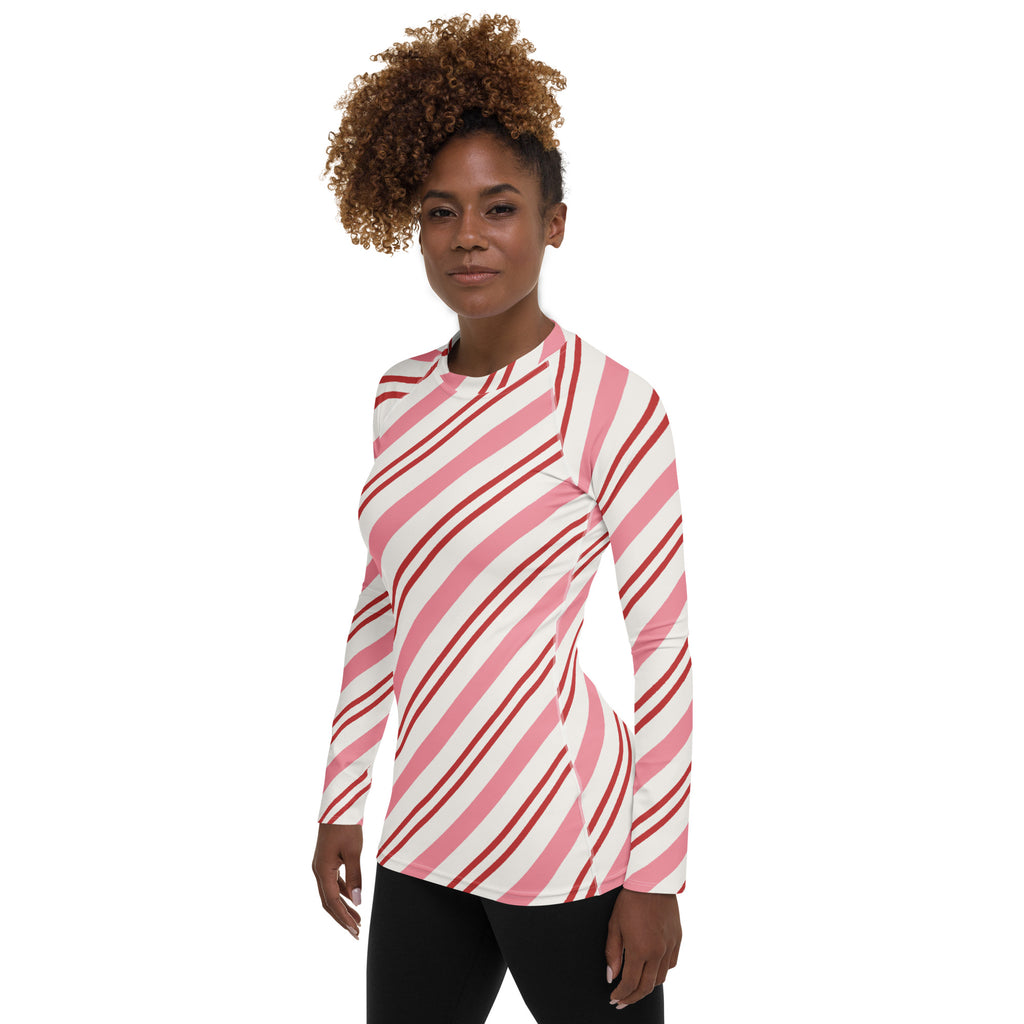 Women's Pink Candy Cane Stripe Long Sleeve Rash Guard Swim Shirt – Buttery Soft, Sun Safe UPF 50+ Protection, Quick Dry & 4-Way Stretch Comfort