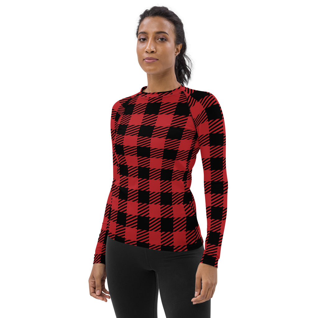 Women's Red & Black Buffalo Plaid Christmas Long Sleeve Rash Guard Swim Shirt – Buttery Soft, Sun Safe UPF 50+ Protection, Quick Dry & 4-Way Stretch Comfort