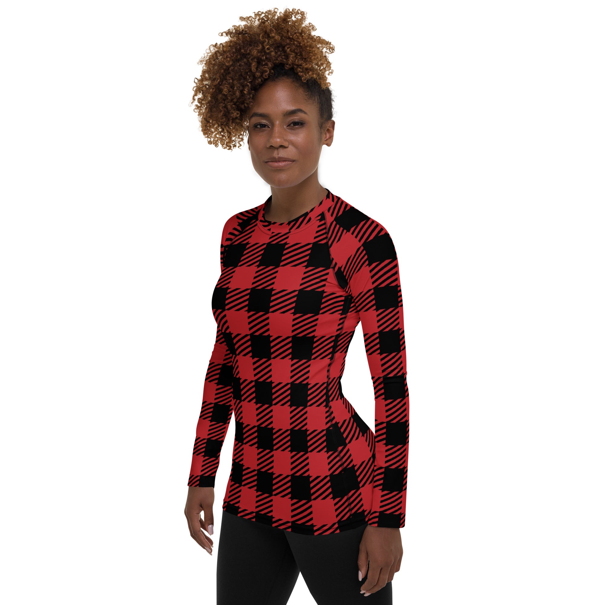 Women's Red & Black Buffalo Plaid Christmas Long Sleeve Rash Guard Swim Shirt – Buttery Soft, Sun Safe UPF 50+ Protection, Quick Dry & 4-Way Stretch Comfort