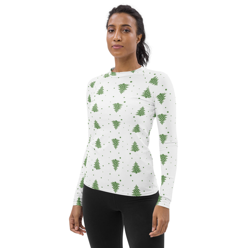 Women's Green Christmas Tree Long Sleeve Rash Guard Swim Shirt – Buttery Soft, Sun Safe UPF 50+ Protection, Quick Dry & 4-Way Stretch Comfort