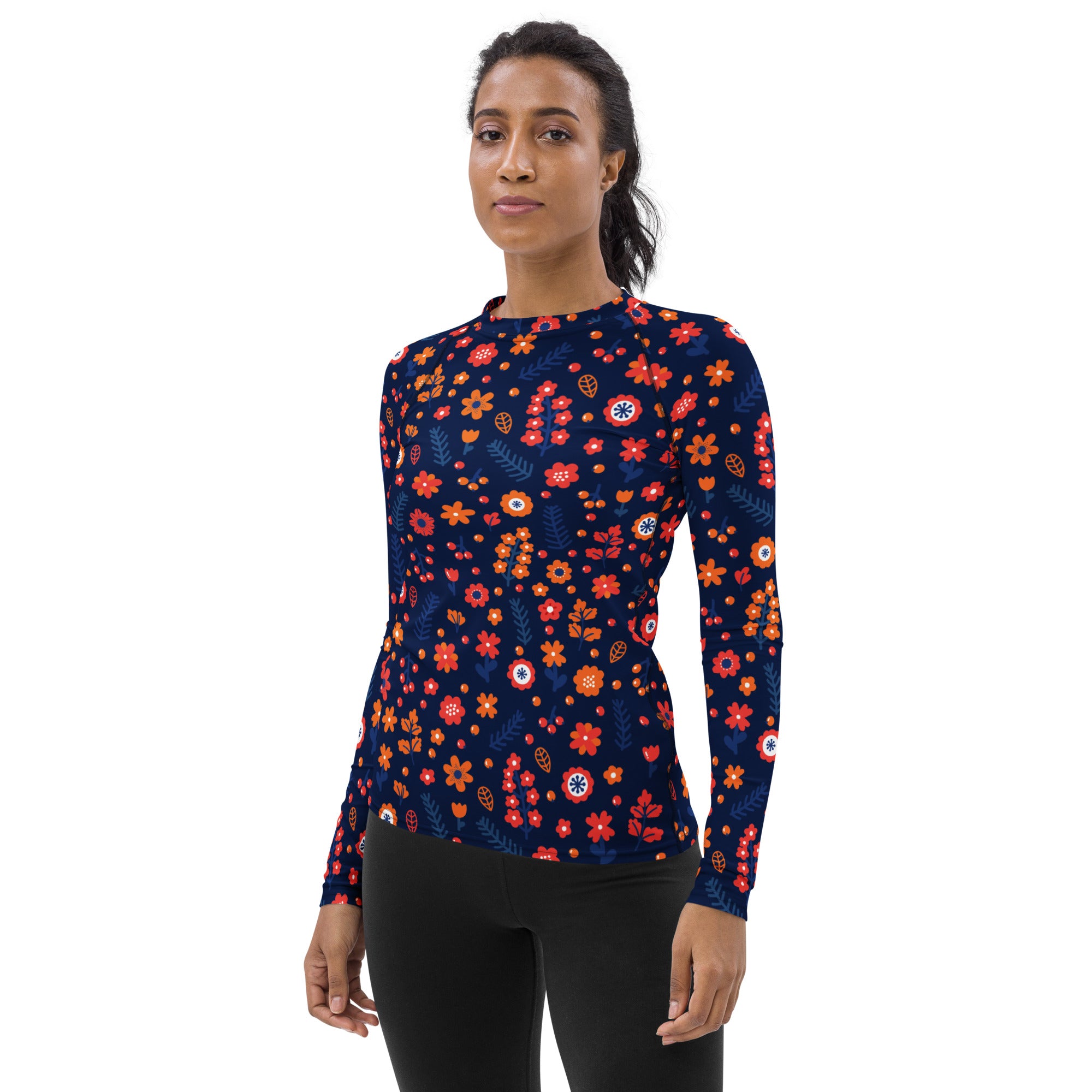 Women's Navy Floral Long Sleeve Rash Guard Swim Shirt – Buttery Soft, Sun Safe UPF 50+ Protection, Quick Dry & 4-Way Stretch Comfort
