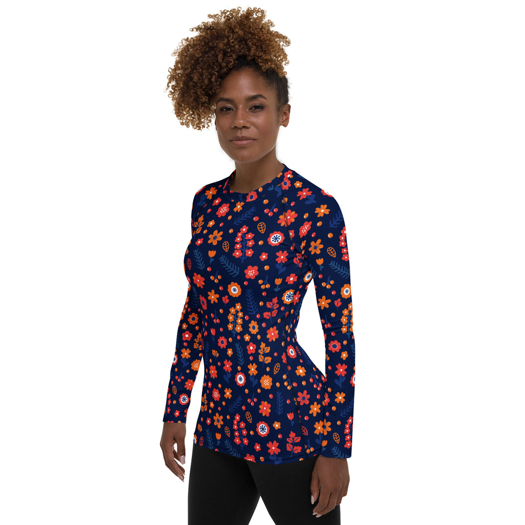 Women's Navy Floral Long Sleeve Rash Guard Swim Shirt – Buttery Soft, Sun Safe UPF 50+ Protection, Quick Dry & 4-Way Stretch Comfort