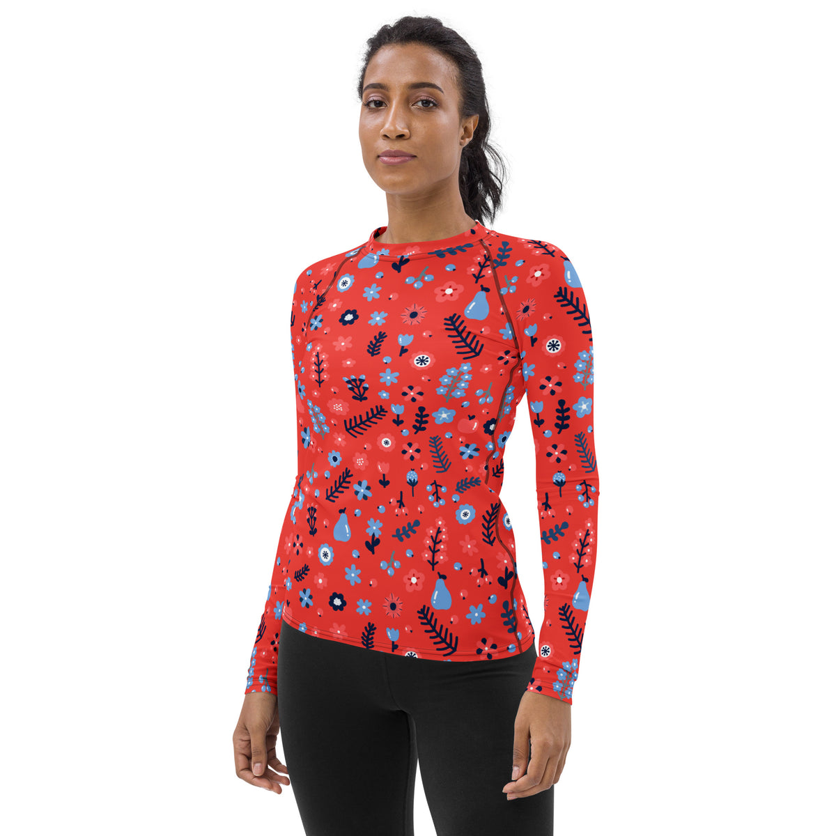 Women's Coral Red Floral Long Sleeve Rash Guard Swim Shirt – Buttery Soft, Sun Safe UPF 50+ Protection, Quick Dry & 4-Way Stretch Comfort
