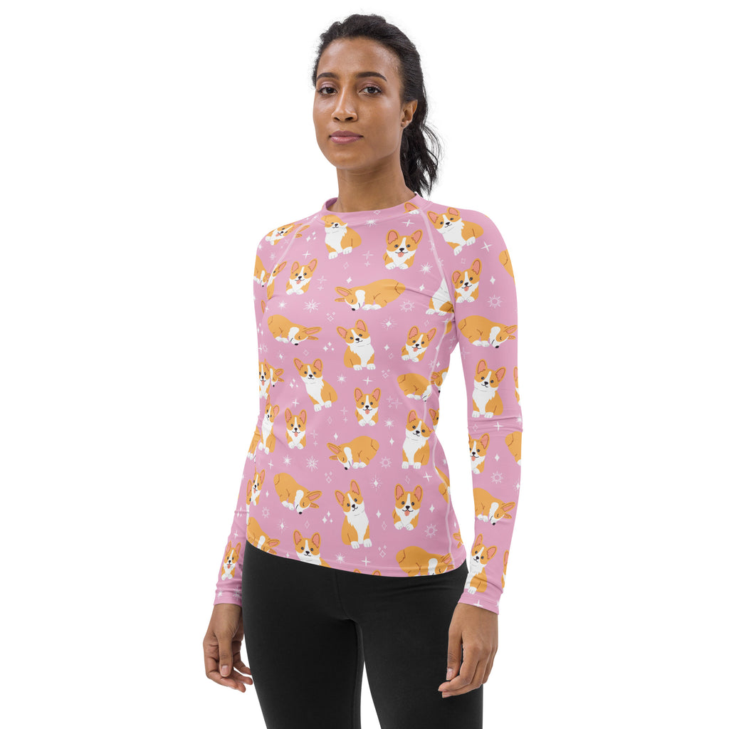 Women's Pink Corgi Dog Long Sleeve Rash Guard Swim Shirt – Buttery Soft, Sun Safe UPF 50+ Protection, Quick Dry & 4-Way Stretch Comfort