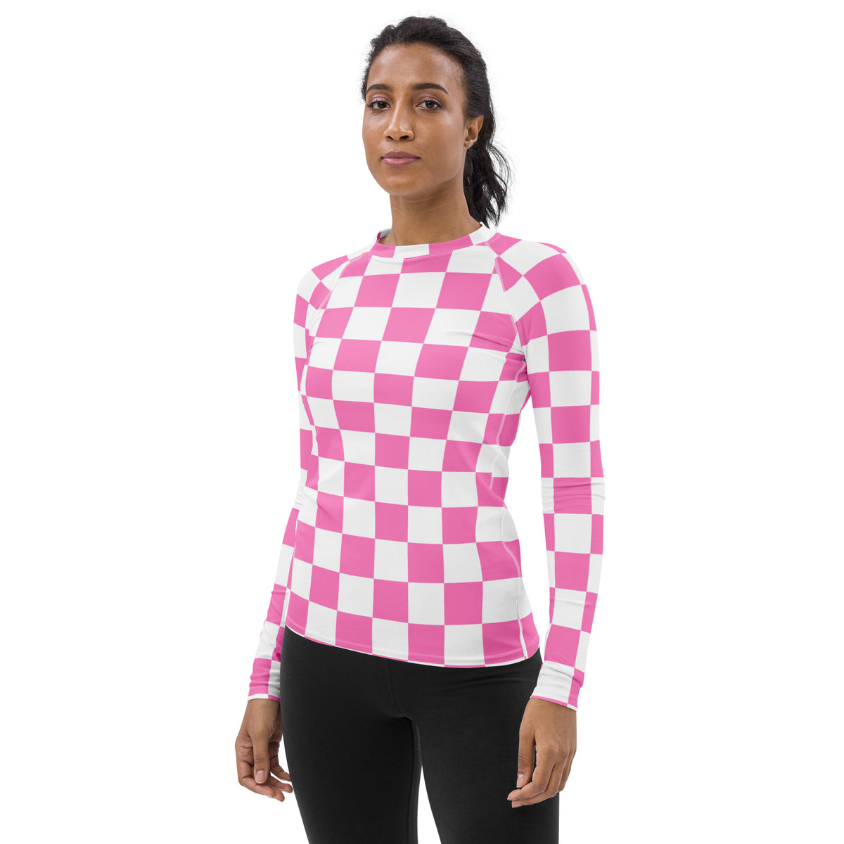 Women's Pink Checkerboard Long Sleeve Rash Guard Swim Shirt – Buttery Soft, Sun Safe UPF 50+ Protection, Quick Dry & 4-Way Stretch Comfort