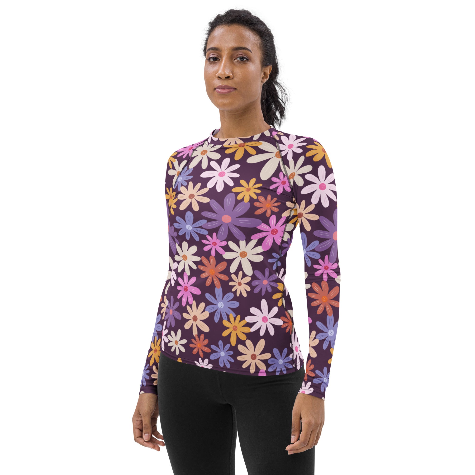 Women's Purple Floral Long Sleeve Rash Guard Swim Shirt – Buttery Soft, Sun Safe UPF 50+ Protection, Quick Dry & 4-Way Stretch Comfort