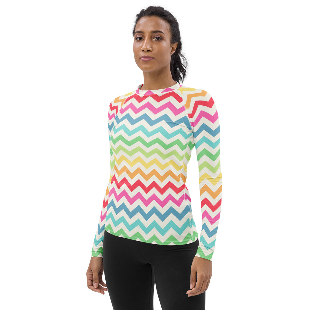 Women's Coastal Rainbow Chevron Long Sleeve Rash Guard Swim Shirt – Buttery Soft, Sun Safe UPF 50+ Protection, Quick Dry & 4-Way Stretch Comfort