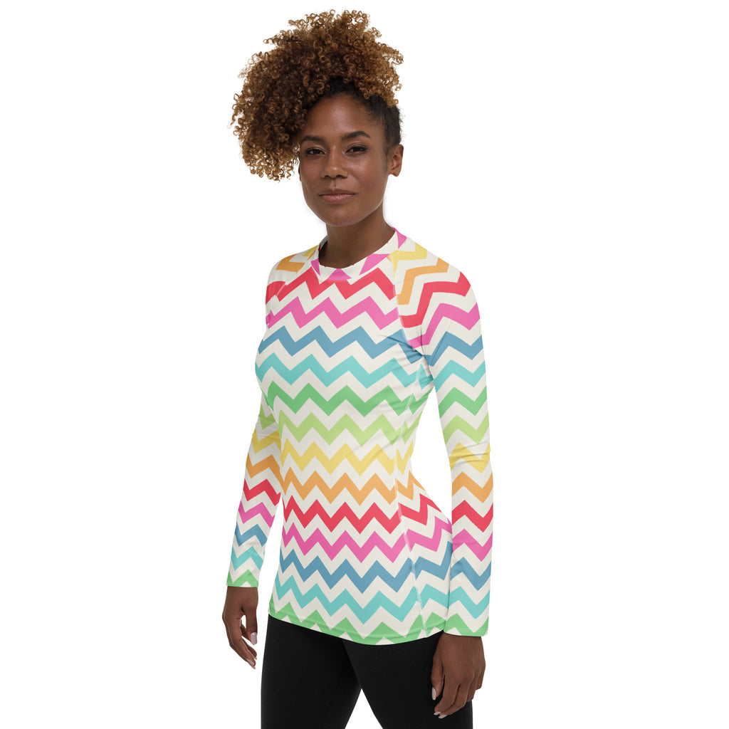 Women's Coastal Rainbow Chevron Long Sleeve Rash Guard Swim Shirt – Buttery Soft, Sun Safe UPF 50+ Protection, Quick Dry & 4-Way Stretch Comfort