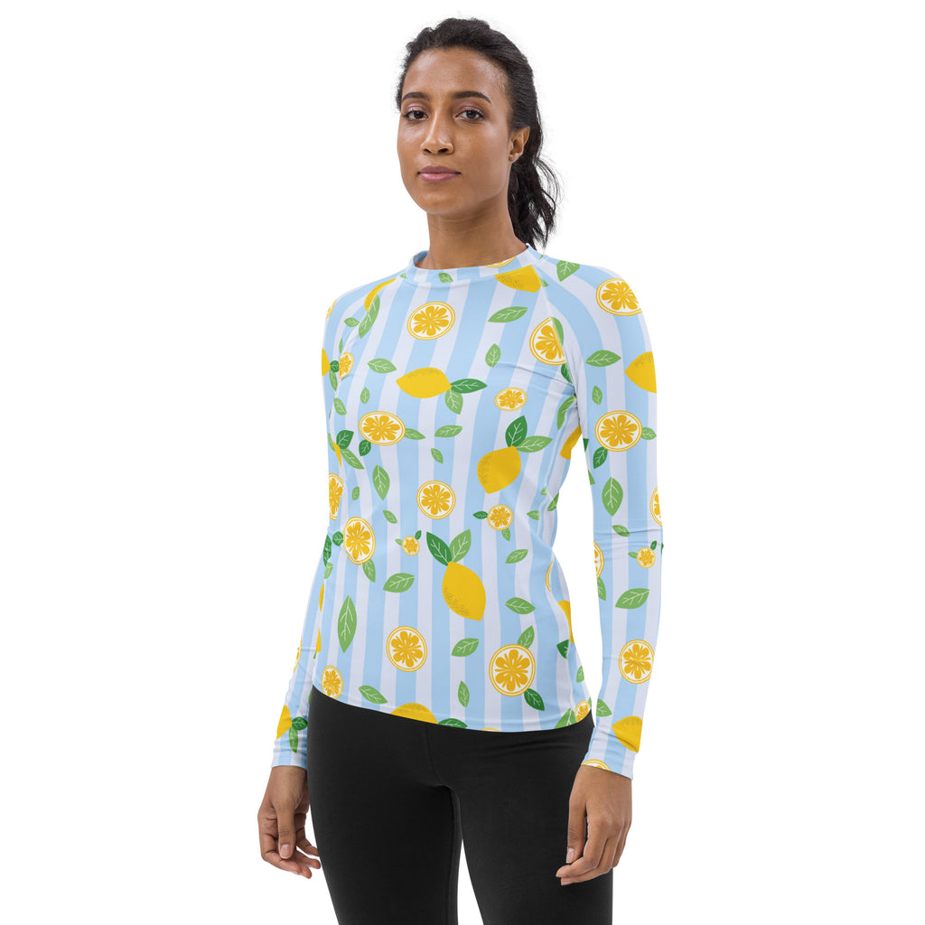 Women's Lemon Stripe Long Sleeve Rash Guard Swim Shirt – Buttery Soft, Sun Safe UPF 50+ Protection, Quick Dry & 4-Way Stretch Comfort
