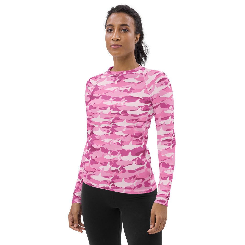 Women's Pink Shark Camouflage Long Sleeve Rash Guard Swim Shirt – Buttery Soft, Sun Safe UPF 50+ Protection, Quick Dry & 4-Way Stretch Comfort