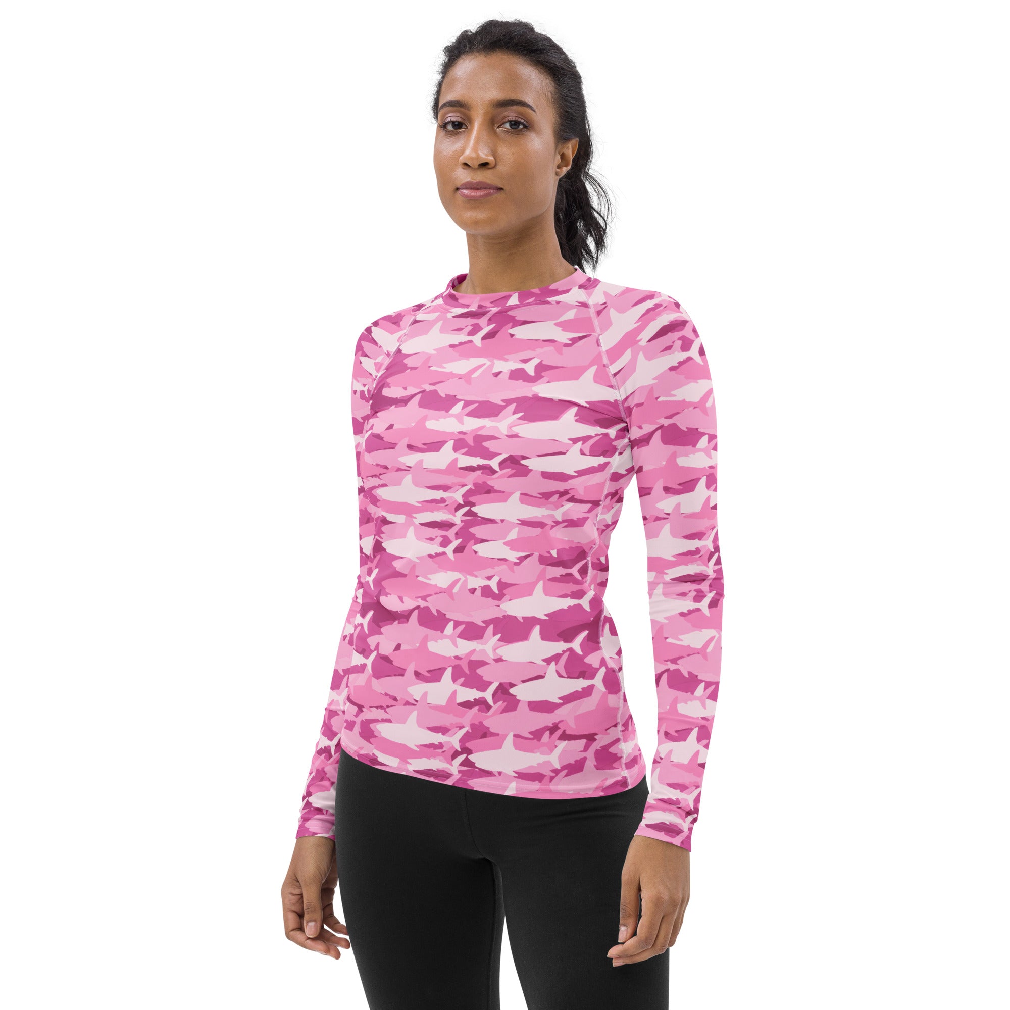 Women's Pink Shark Camouflage Long Sleeve Rash Guard Swim Shirt – Buttery Soft, Sun Safe UPF 50+ Protection, Quick Dry & 4-Way Stretch Comfort