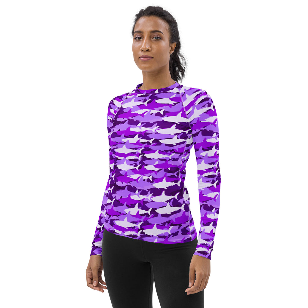 Women's Purple Shark Camouflage Long Sleeve Rash Guard Swim Shirt – Buttery Soft, Sun Safe UPF 50+ Protection, Quick Dry & 4-Way Stretch Comfort