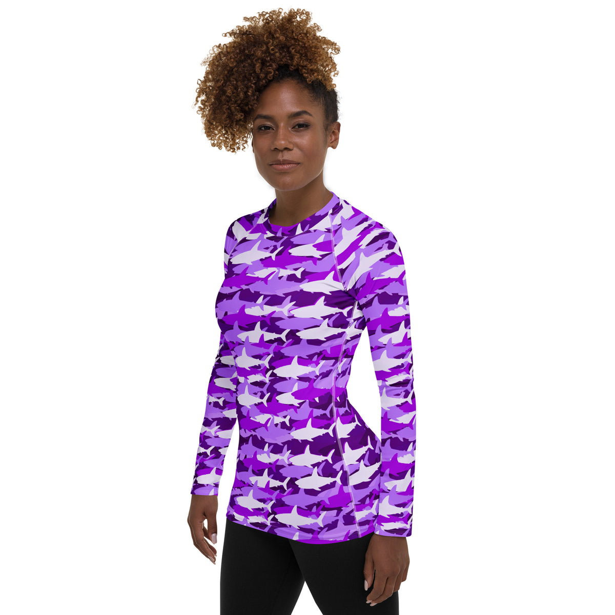 Women's Purple Shark Camouflage Long Sleeve Rash Guard Swim Shirt – Buttery Soft, Sun Safe UPF 50+ Protection, Quick Dry & 4-Way Stretch Comfort