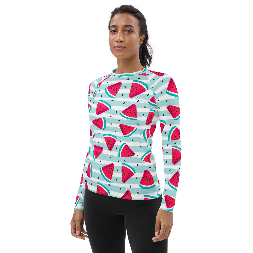 Women's Watermelon Stripe Long Sleeve Rash Guard Swim Shirt – Buttery Soft, Sun Safe UPF 50+ Protection, Quick Dry & 4-Way Stretch Comfort