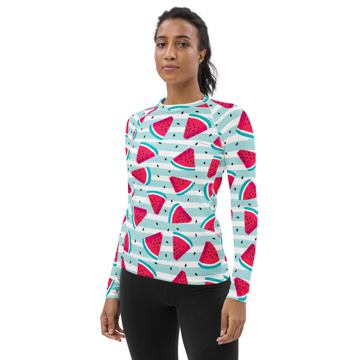 Women's Watermelon Stripe Long Sleeve Rash Guard Swim Shirt – Buttery Soft, Sun Safe UPF 50+ Protection, Quick Dry & 4-Way Stretch Comfort