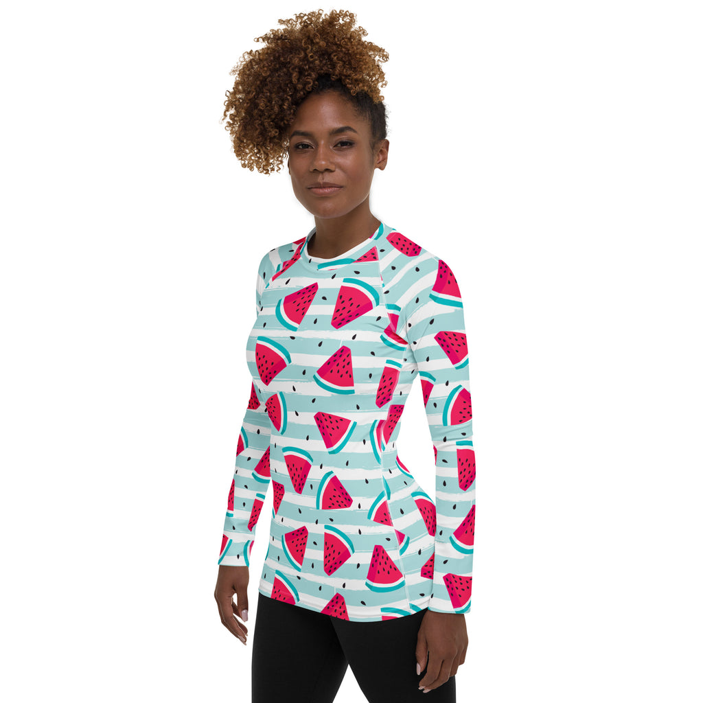 Women's Watermelon Stripe Long Sleeve Rash Guard Swim Shirt – Buttery Soft, Sun Safe UPF 50+ Protection, Quick Dry & 4-Way Stretch Comfort