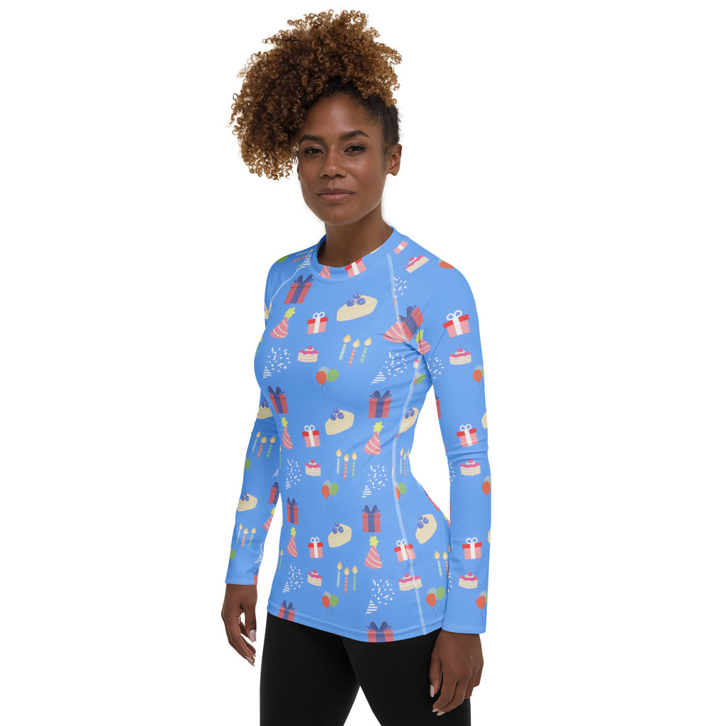 Women's Blue Birthday Party Long Sleeve Rash Guard Swim Shirt – Buttery Soft, Sun Safe UPF 50+ Protection, Quick Dry & 4-Way Stretch Comfort
